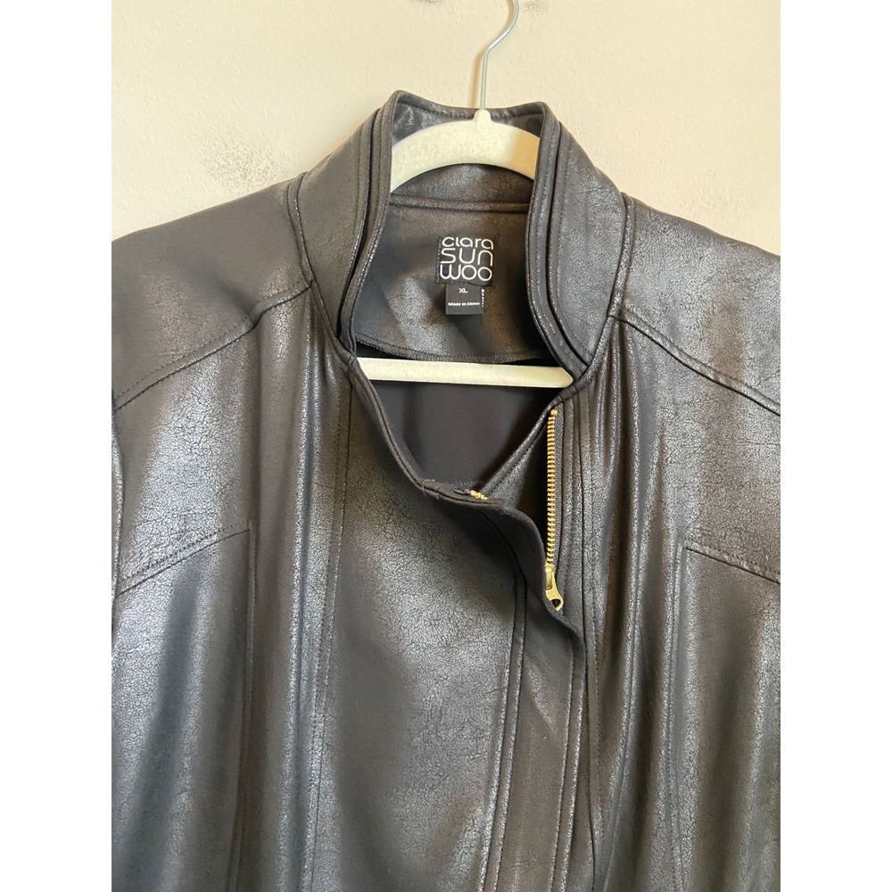 Clara Sunwoo Womens XL Black Liquid Leather Zip Moto Jacket Gold Zip - Picture 3 of 8